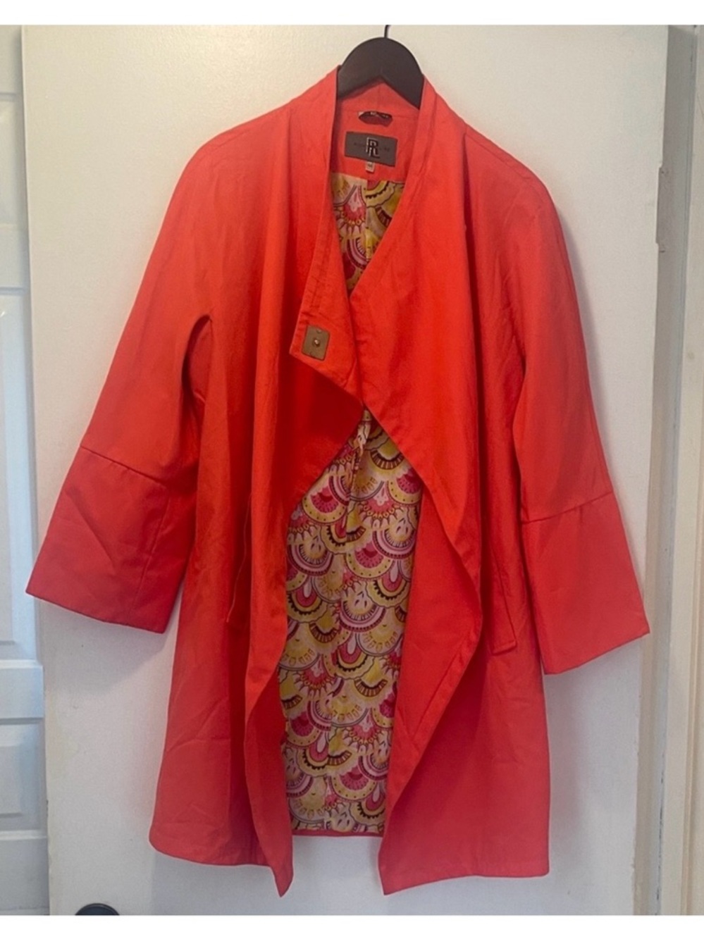 Ralph Lauren Double RL Coral Red Open-Front Coat with Printed Lining